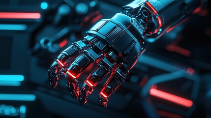 Aufkleber - Robotic hand with red glowing lines on dark background with blue blurred lights futuristic