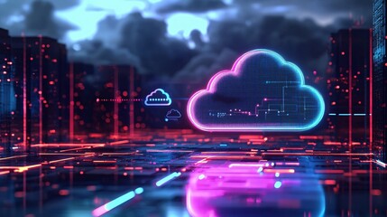 Fototapete - Digital cloud network with neon lights on a dark city background in a futuristic style