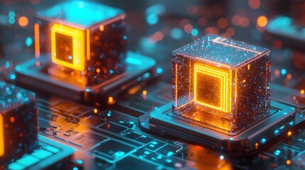 Poster - Glowing cubes on circuit board futuristic technology concept with bright orange and blue lights