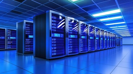Poster - Data center with server racks and blue lighting in a modern technology environment