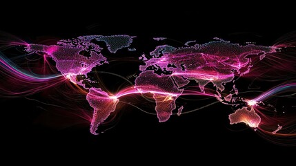 Poster - Global network connection map with glowing lines and dots on a dark background