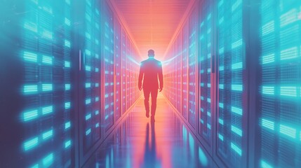 Poster - Person walking through a server room with glowing blue lights and warm orange light at the end
