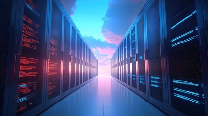Poster - Server racks with glowing lights against a colorful sky in a futuristic data center environment