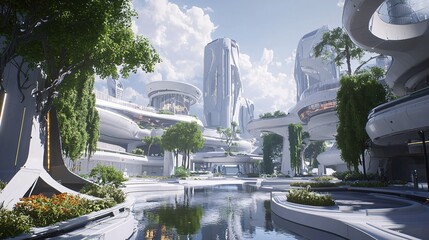 Poster - Futuristic city with white structures and green trees under a bright sky with white clouds