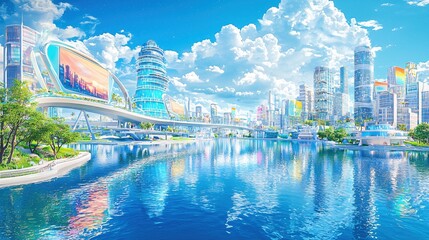 Poster - Futuristic cityscape with tall buildings and a large screen over a calm river under a blue sky