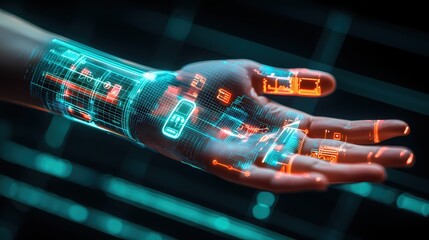 Fototapete - Futuristic Hand Digital Technology Neon Glow Cybernetic Arm Interface