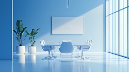 Poster - Minimalist meeting room with table chairs plants and window in a blue monochromatic tone