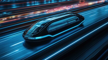 Poster - futuristic vehicle moving fast on a highway with light trails and blue neon accents