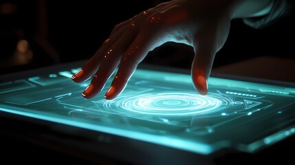 Poster - Futuristic Hand Interacting with Glowing Teal Interface