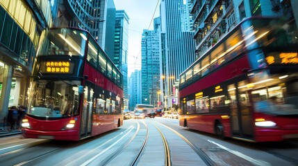 Poster - cityscape night traffic hong kong red buses urban transport motion blur