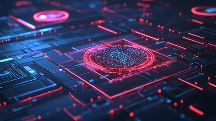 Fototapete - Abstract circuit board with glowing red and blue elements for technology background