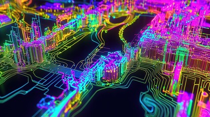 Poster - colorful abstract city map with glowing lines and vibrant buildings on a dark background