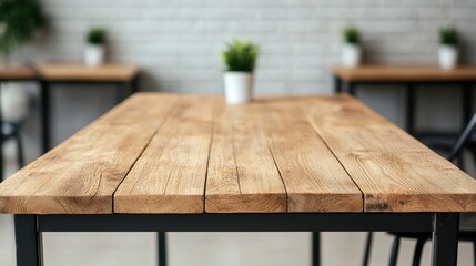 Poster - Wooden table with metal frame standing in modern office with natural light