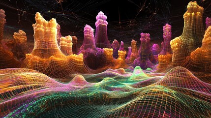 Poster - Abstract landscape with luminous grid structures against a dark background in vibrant colors