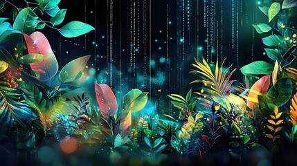 Poster - Lush foliage and digital rain create a vibrant and modern jungle scene with glowing accents