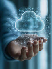 Poster - cloud computing in hand: a person's hand gently cradles a glowing, ethereal cloud symbol, representi