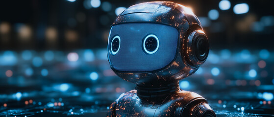 Poster - Cybernetic Companion: A close-up of a charming, childlike robot with glowing blue eyes, set against a futuristic, bokeh-filled backdrop. The image evokes curiosity and wonder.