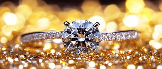Poster - Diamond ring with silver band on gold glitter background a sparkling luxury jewelry piece