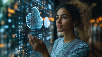 Poster - Woman Interacting with Holographic Cloud Data: A focused young woman with curly hair interacts with a futuristic holographic display showing cloud data, highlighting themes of technology, innovation.