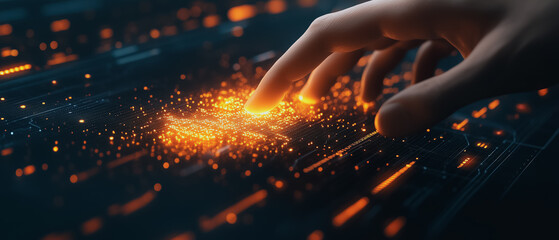 Poster - Fingertip Ignition: A single fingertip ignites a burst of glowing energy, leaving a trail of incandescent particles across a dark futuristic circuit board.