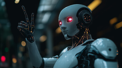 Poster - Advanced Humanoid Robot: A close-up of a sophisticated humanoid robot with glowing red eyes and intricate metallic details, set against a blurred city backdrop. The robot's hand is subtly gesturing.
