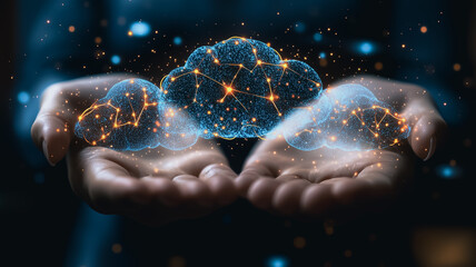 Poster - Cloud Computing Power:  A futuristic concept of hands gently cradling a glowing cloud with connected data points, symbolizing the potential and power of cloud computing and technology.