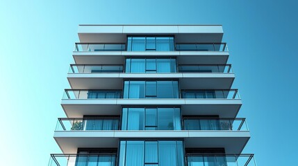 Poster - Sleek Minimalist Skyscraper with Contrasting Glass Facade Against White Background