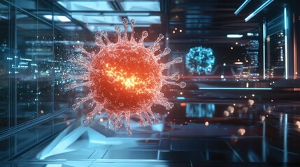 Poster - Conceptual image of a glowing virus particle expanding across continents on a futuristic background
