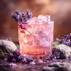 Poster - Refreshing pink drink with ice and lavender flowers on a rustic surface with soft lighting