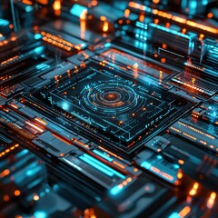 Poster - Abstract futuristic circuit board with glowing orange and blue lights technology concept