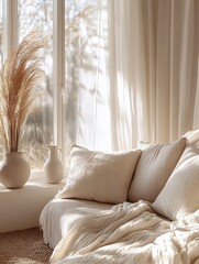 Poster - Cozy neutral interior with sunlight streaming through window onto soft pillows and pampas grass