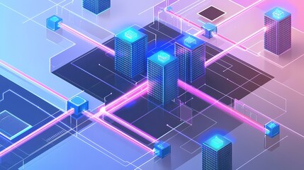 Poster - Abstract network with glowing cubes and lines connecting buildings in a digital world