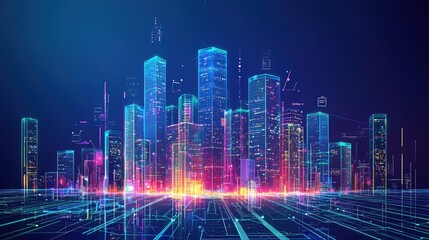 Poster - Neon Cityscape Digital Skyline Futuristic Urban Technology Innovation