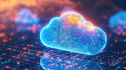 Poster - Digital cloud computing network with glowing data points and abstract sky background