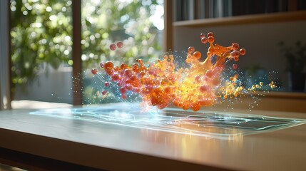 Poster - Abstract Orange Liquid Splash on Futuristic Table Modern Design Technology Concept