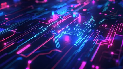 Poster - Abstract glowing circuit board design with neon pink and blue lines on a dark background