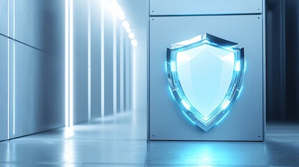 Aufkleber - glowing shield emblem on modern wall with bright light streaks in a futuristic setting