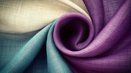 Poster - Abstract image of swirling fabric in teal, purple, and beige tones. Close up shot showing texture and color variations. Soft lighting enhances the