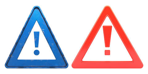 Poster - Two caution triangles, one blue and one red, with metallic sheen