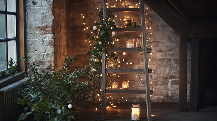 Sticker - A glowing string of fairy lights styled around a rustic wooden ladder. digital