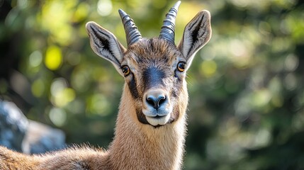 Wall Mural - close up of a young ibex with its head in a horizontal frame, looking directly at the camera