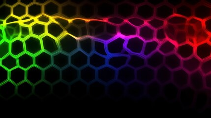 Poster - Abstract background with vibrant rainbow hexagonal pattern, dark background, glowing effect, cracked texture. Hexagons are multicolored and blend