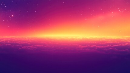 Wall Mural - Vibrant sunset over a boundless expanse of purple and pink clouds, illuminated by warm yellow and orange light, with a scattering of stars in the