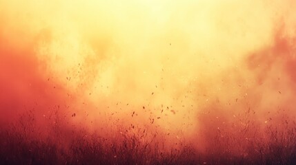 Poster - Warm toned abstract background with swirling orange and red hues, featuring scattered particles and a hazy, atmospheric effect. The image evokes a