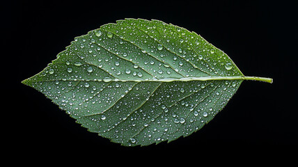 Poster - single green leaf with water droplets on black background, showing detail