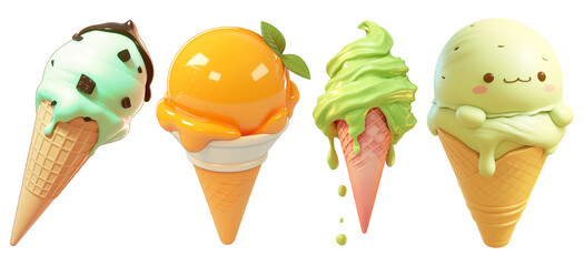 Poster - Four cute cartoon ice cream cones with different flavors and expressions