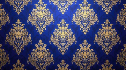 Poster - Seamless wallpaper design with sophisticated damask details in a royal blue and gold color scheme