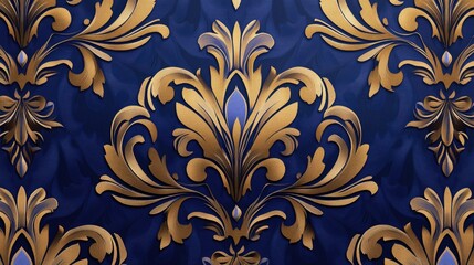 Poster - Seamless wallpaper design with sophisticated damask details in a royal blue and gold color scheme