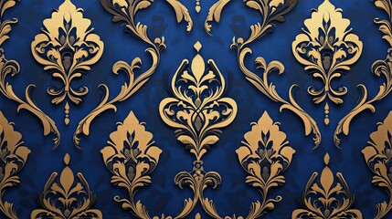 Poster - Seamless wallpaper design with sophisticated damask details in a royal blue and gold color scheme