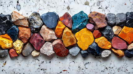 Colorful stones line on marble, craft background